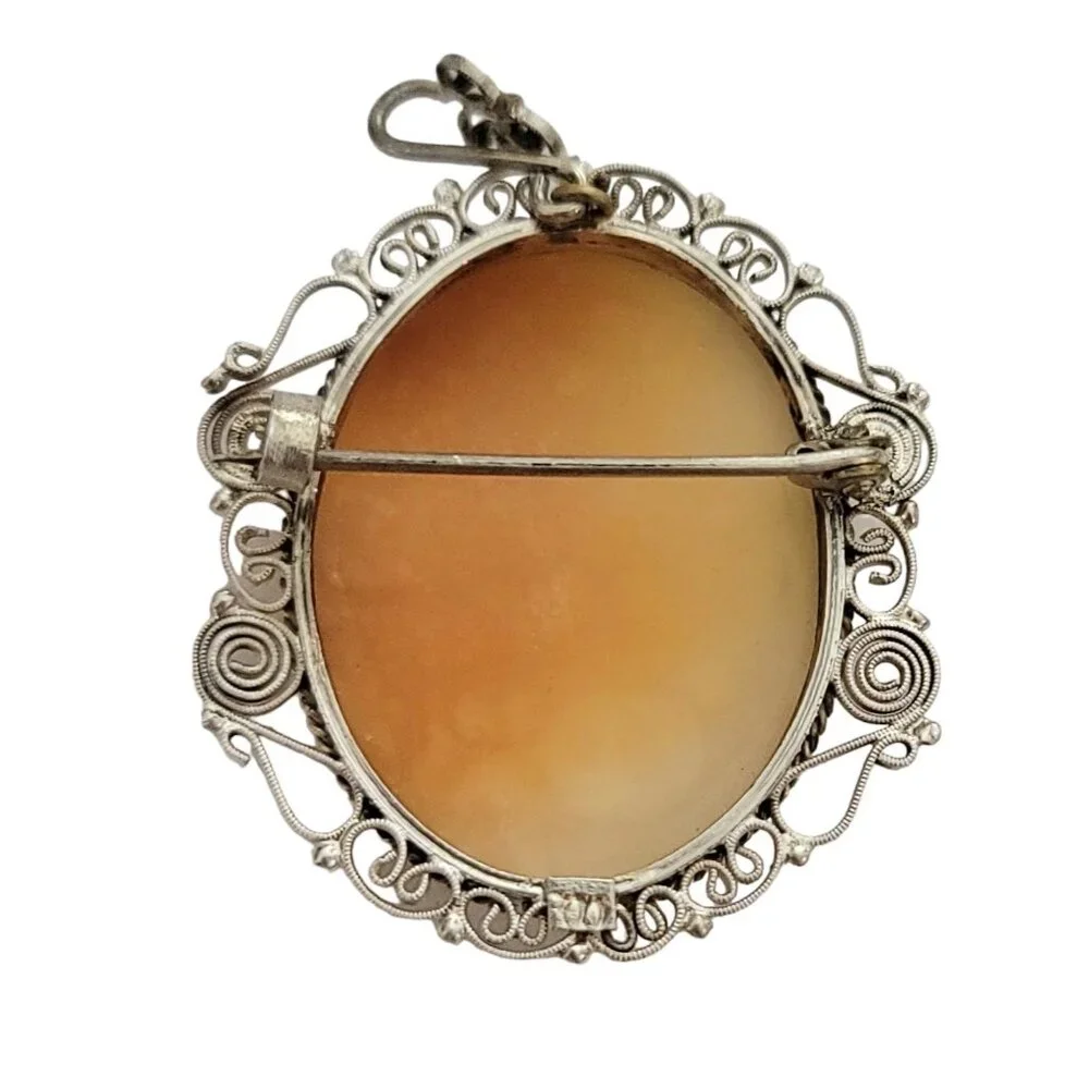 800 Sterling Silver Carved Shell Cameo C-Clasp Brooch Pendant K91 - Picture 7 of 11